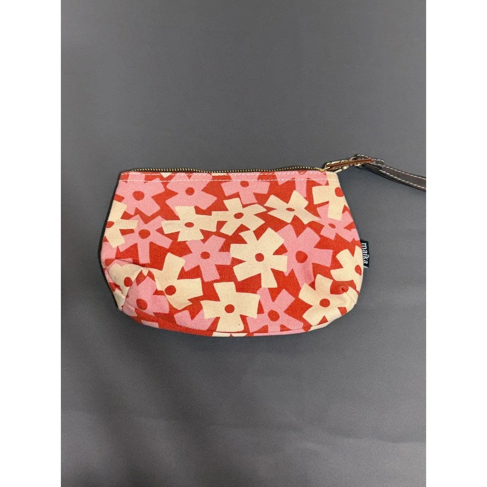 Maika Canvas Wristlet Pouch Red Pink Floral Geometric Zipper Clutch Bag